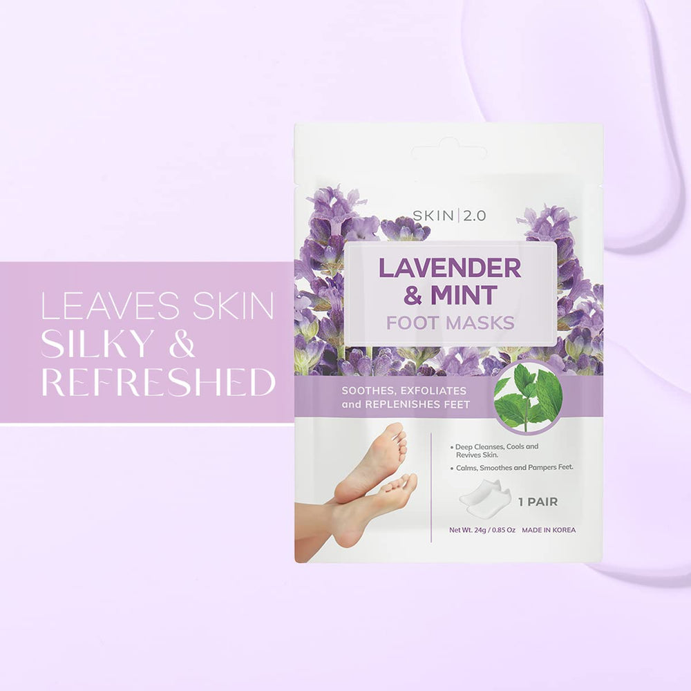 Skin 2.0 Mascarilla para pies Lavender Mint en uso, alivio y enfriamiento rápidos.