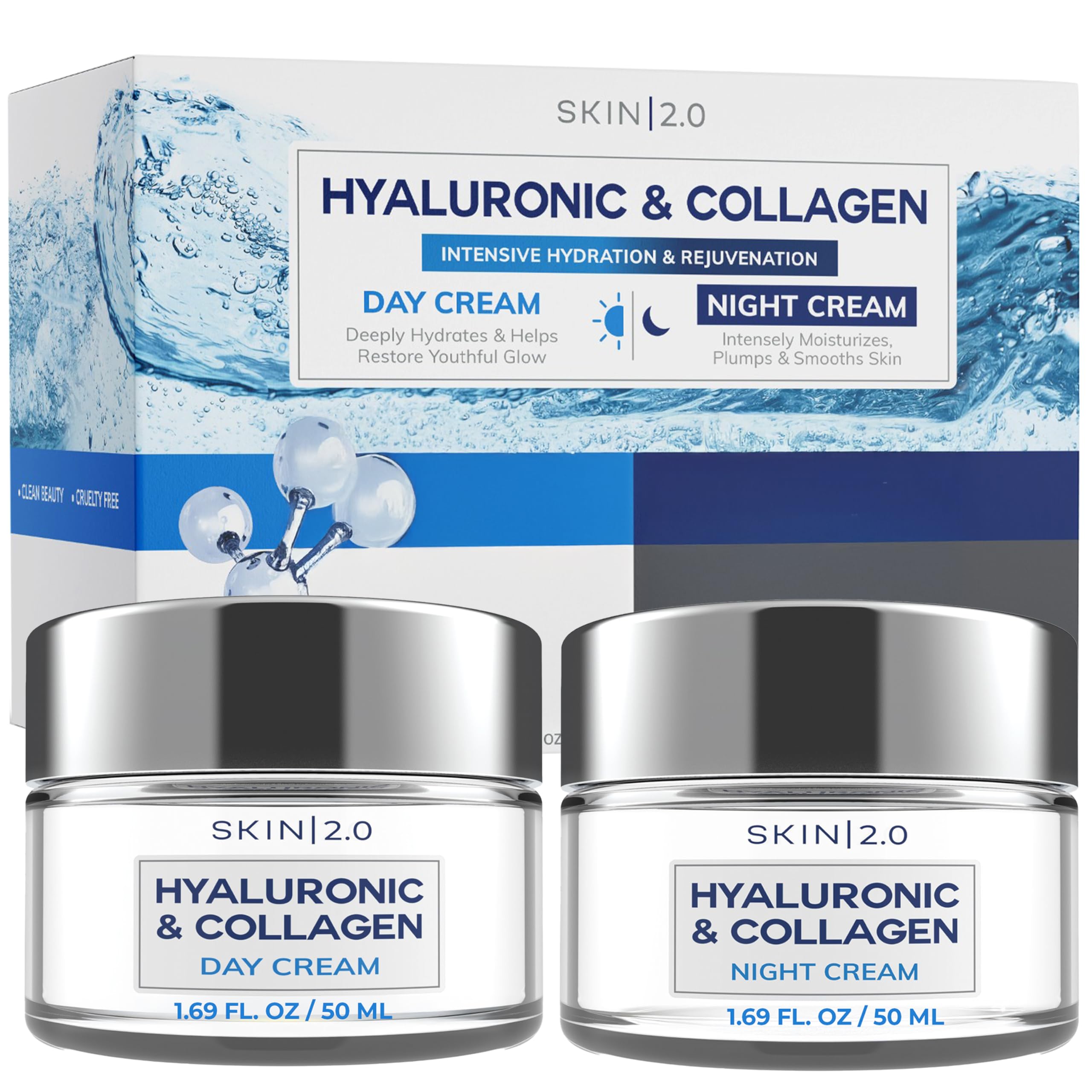 Skin 2.0 Hyaluronic Acid & Collagen moisturizer jar for deep hydration and plump skin