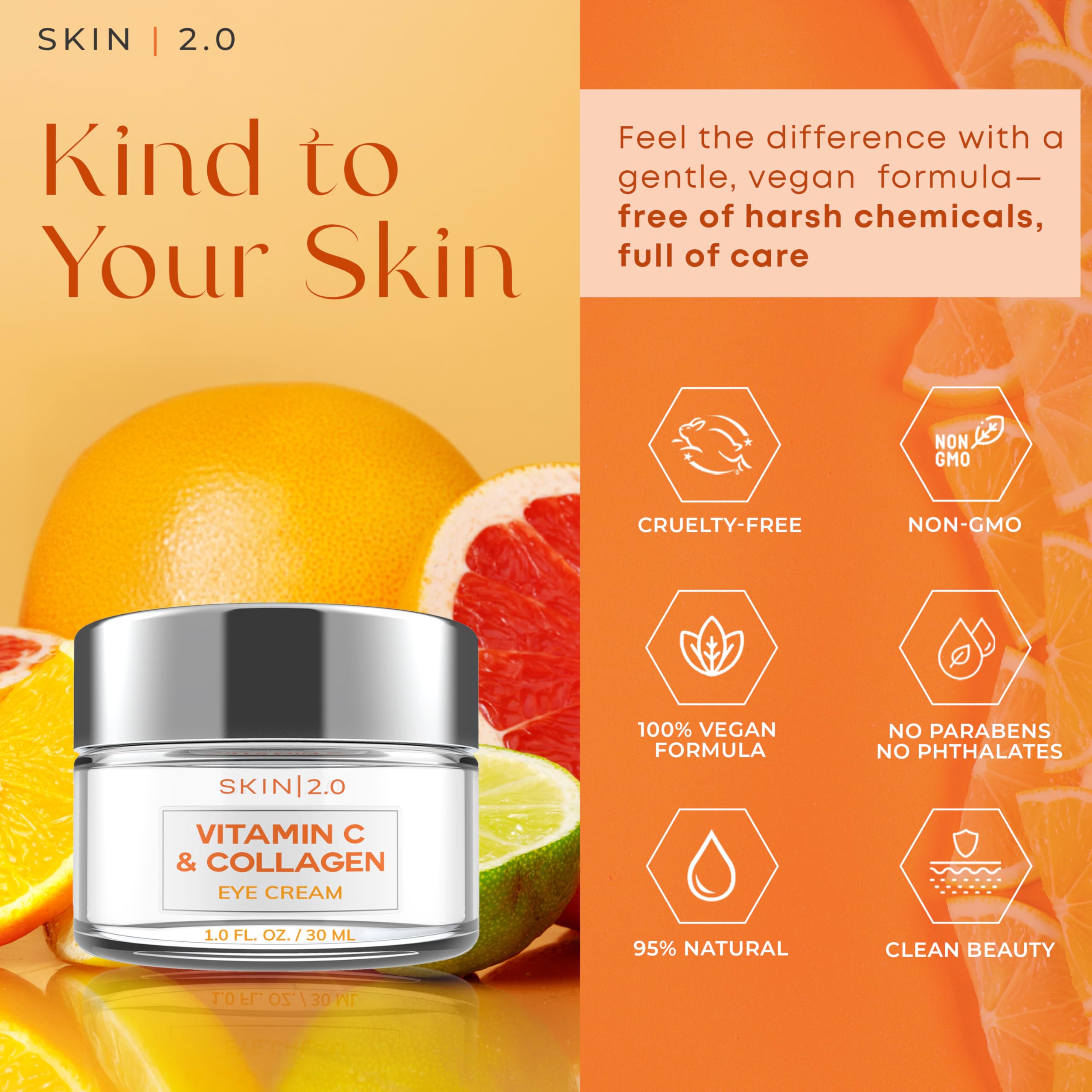Skin 2.0 ingredientes naturales al 95%, fórmula vegana para la zona ocular.