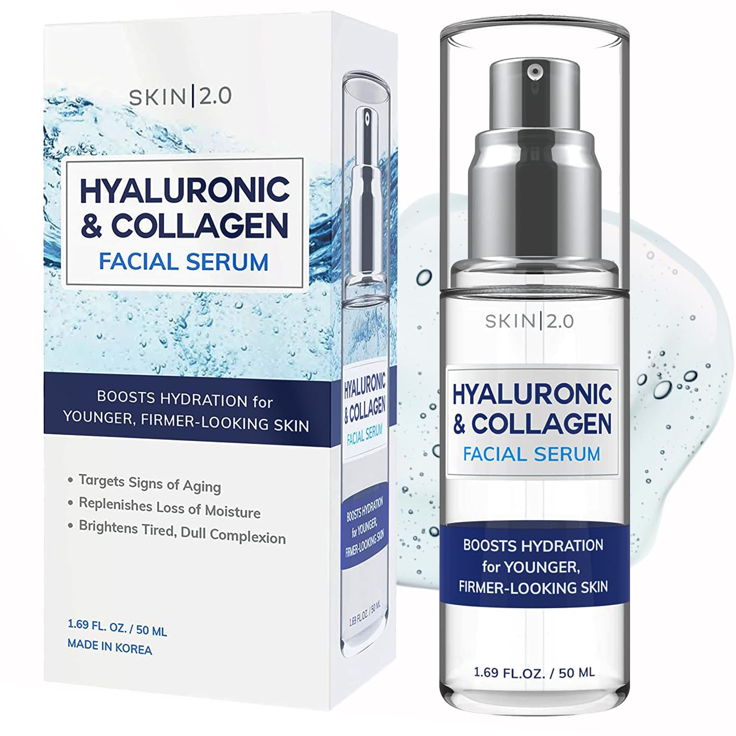 Skin 2.0 suero con ácido hialurónico en bote, hidratación profunda para piel suave.
