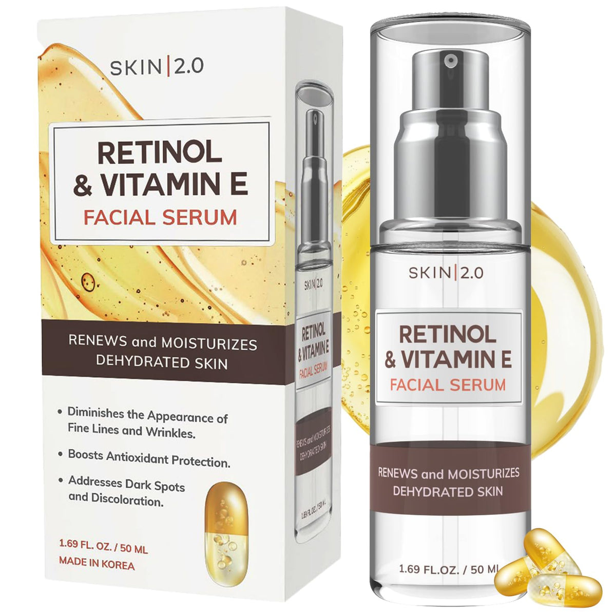 Skin 2.0 Sérum Retinol y Vitamina E en botella, hidratación profunda para la piel.