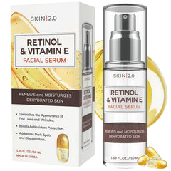Skin 2.0 Sérum Retinol y Vitamina E en botella, hidratación profunda para la piel.