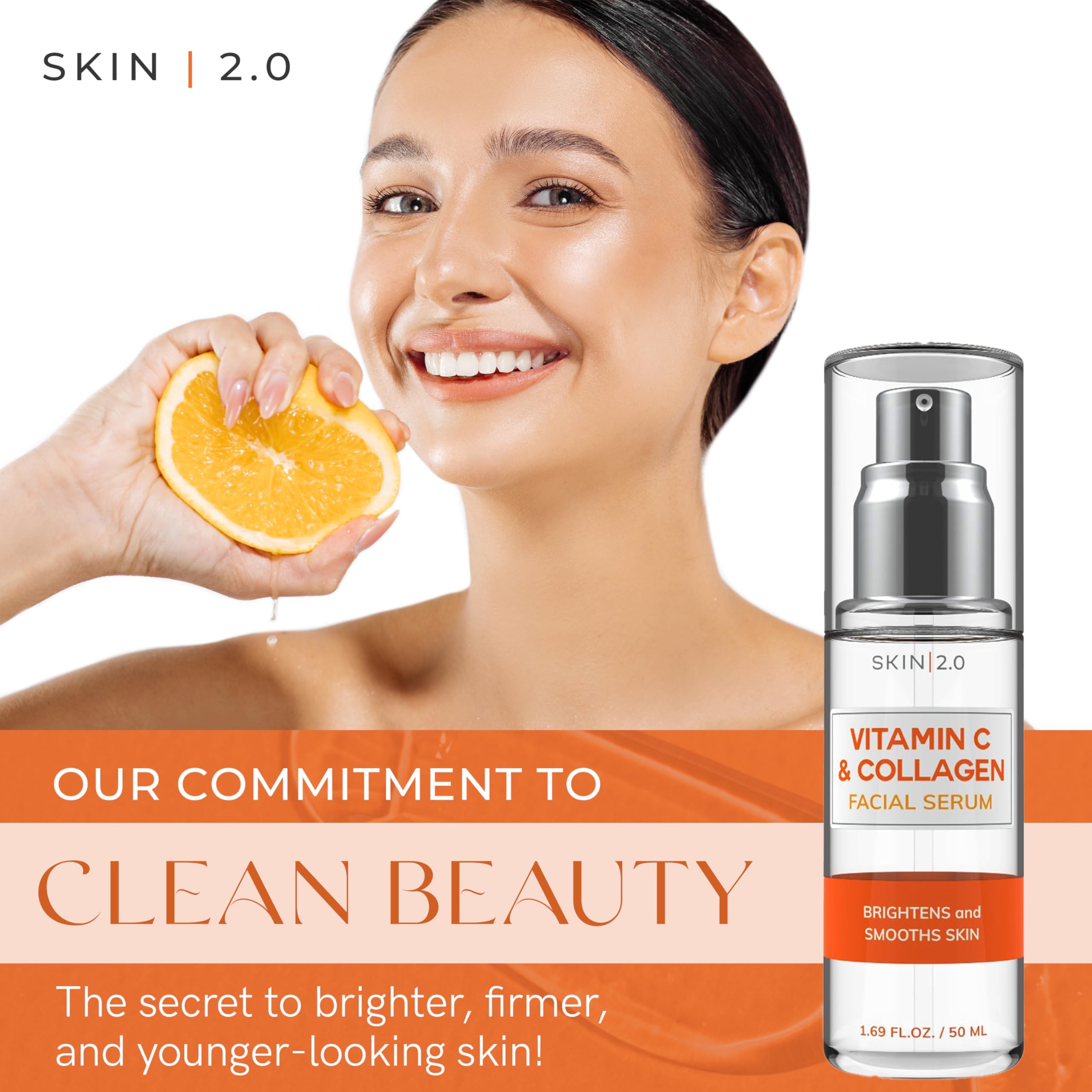 Skin 2.0 Vitamin C serum dropper applying for even skin tone and glow.