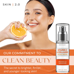Skin 2.0 Vitamin C serum dropper applying for even skin tone and glow.