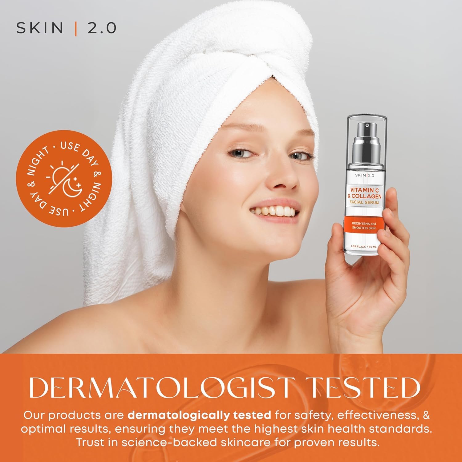 Skin 2.0 Vitamin C Serum label shows cruelty-free branding.