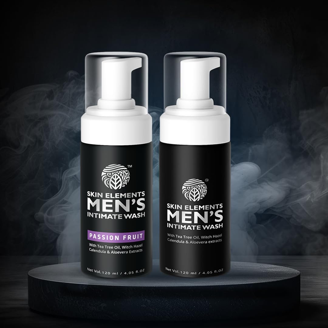 Skin Elements Men's Intimate Wash bottle pour enables easy, mess-free application