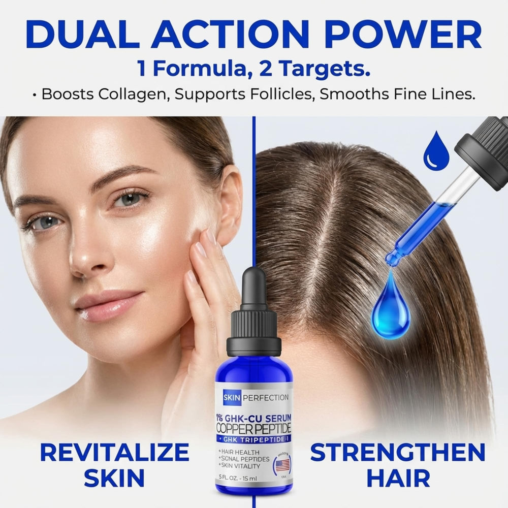 Skin Perfection blue liquid serum highlights premium formulation for face use.