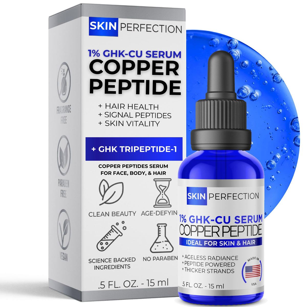 Skin Perfection GHK-CU serum bottle in cobalt blue glass protects potency.