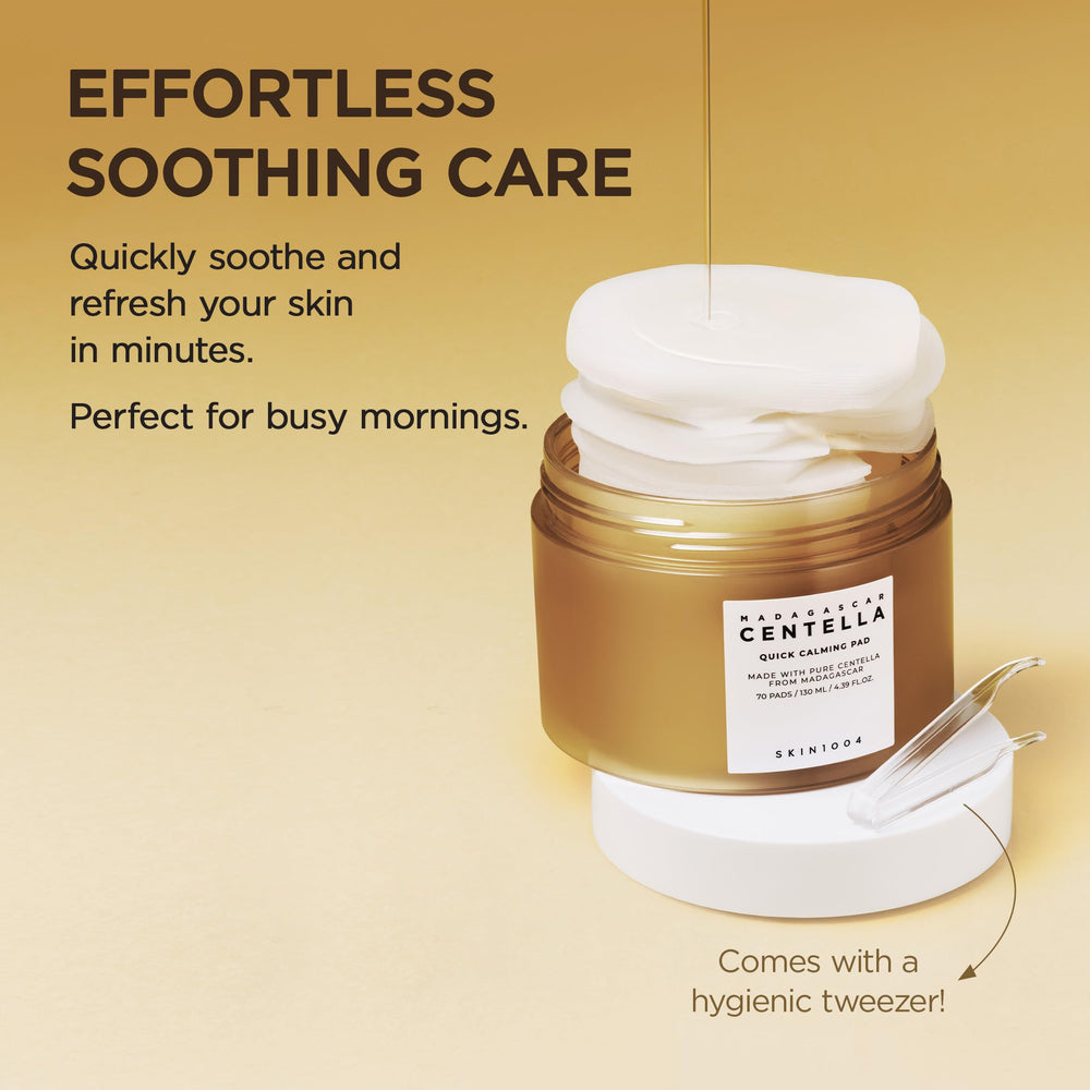 SKIN1004 Centella Quick Calming Pad applied on cheek to calm skin.