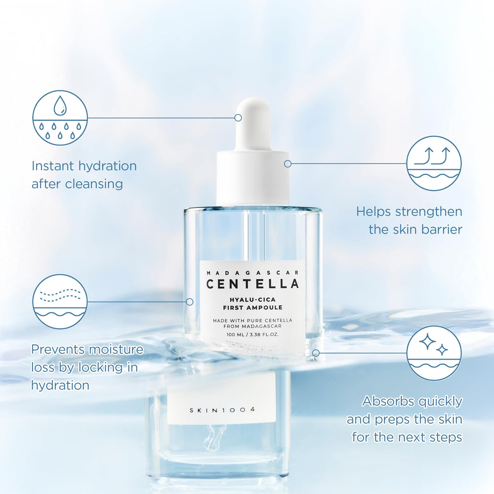 SKIN1004 Hyalu-Cica First Ampoule, enfoque-ingredientes, hialurónico y centella para hidratación suave.