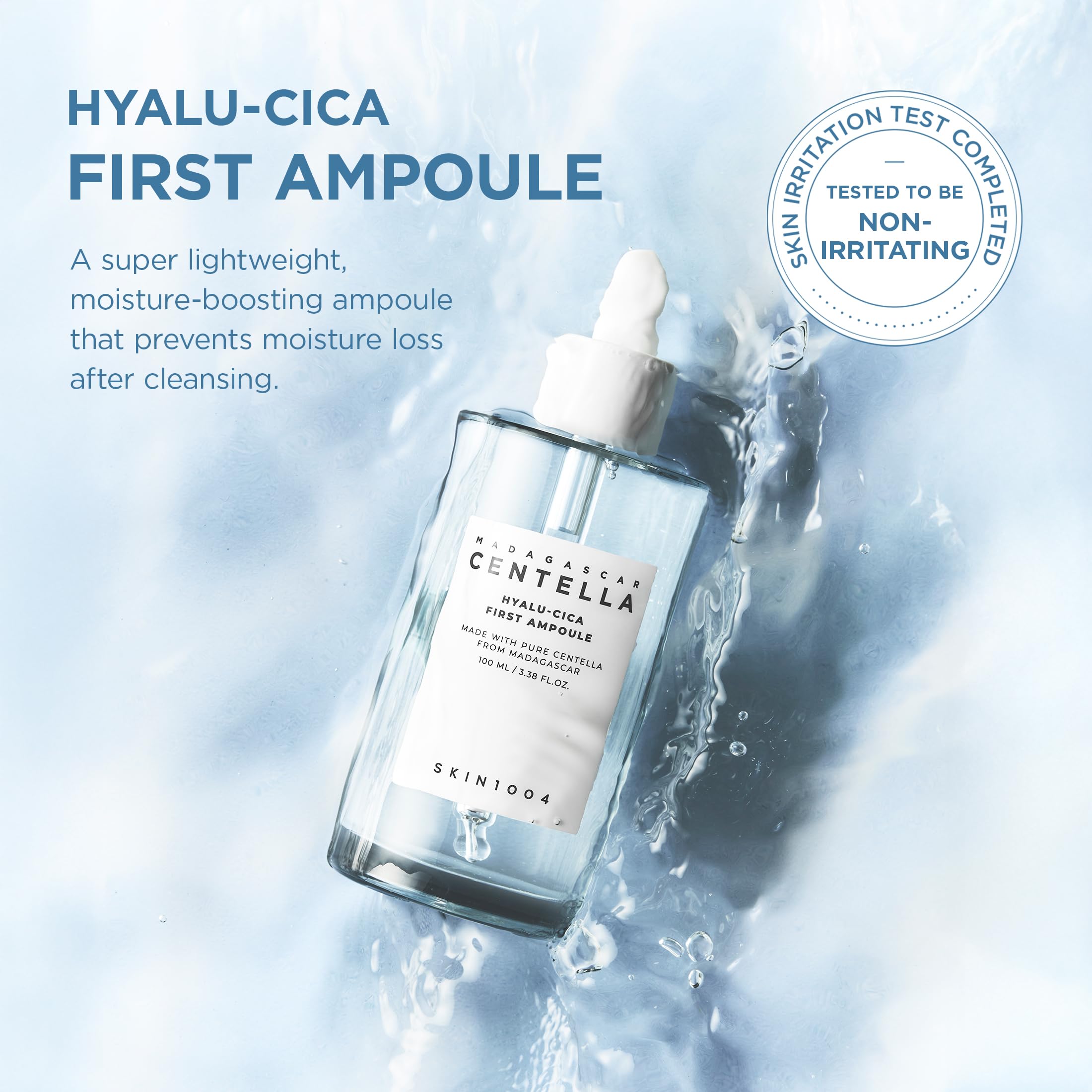 SKIN1004 Hyalu-Cica First Ampoule, enfoque-envase, prepara la piel para absorber otros productos.