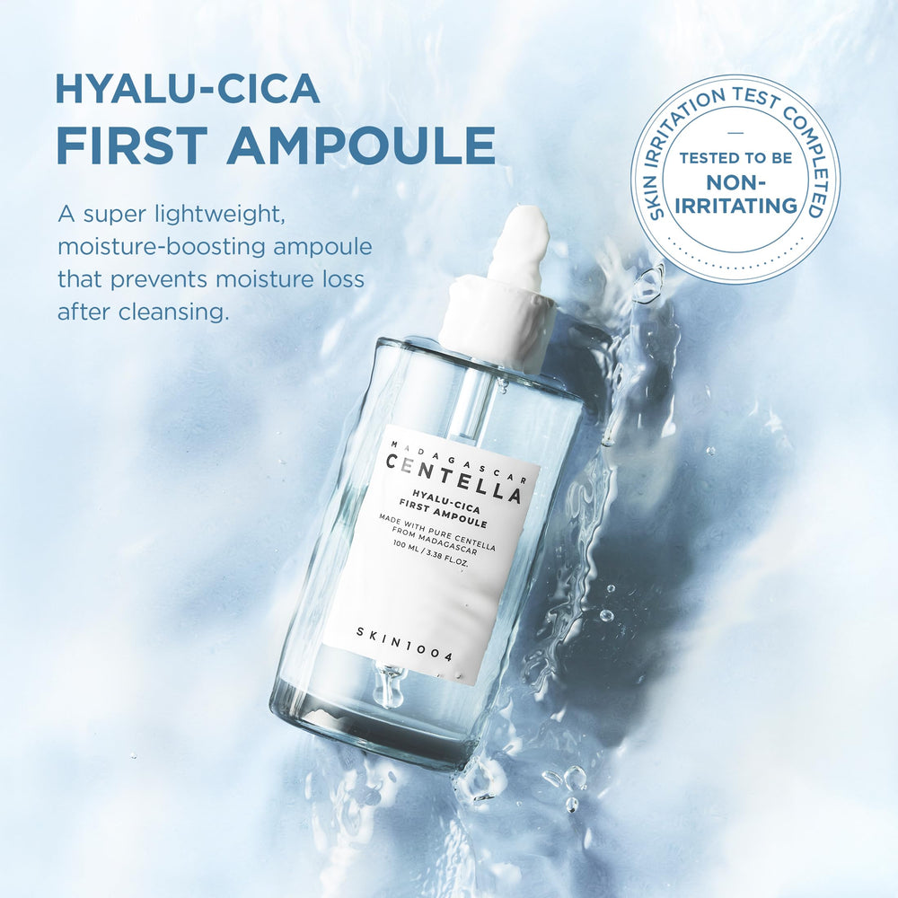 SKIN1004 Hyalu-Cica First Ampoule, enfoque-envase, prepara la piel para absorber otros productos.
