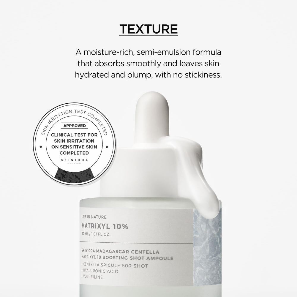 SKIN1004 Matrixyl 10% Boosting Shot ingredients-centella-panthenol highlight soothing, hydrating support