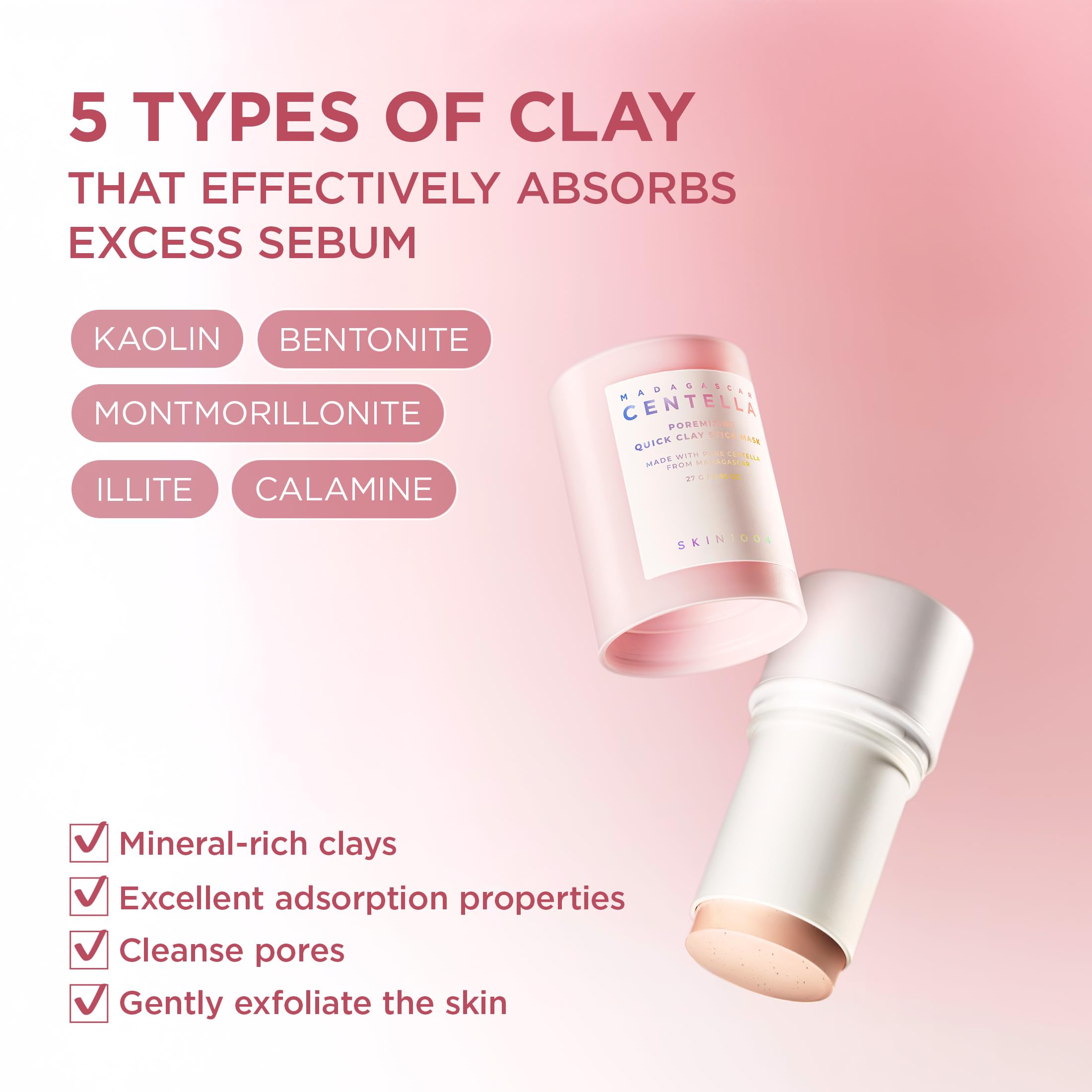 SKIN1004 Poremizing Quick Clay Stick Mask: Kaolín 18% y 4 arcillas para poros refinados.