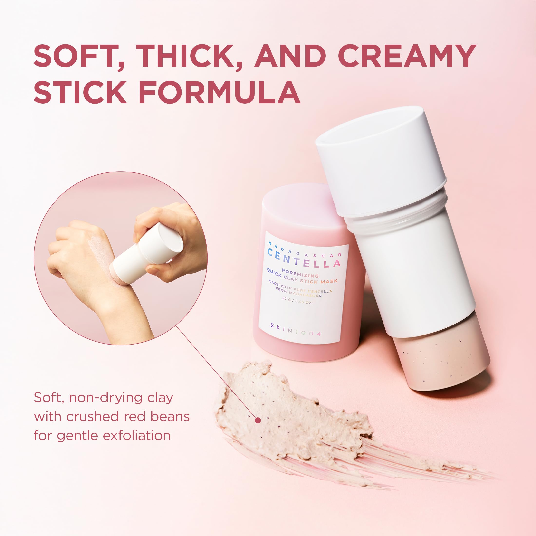 SKIN1004 Poremizing Quick Clay Stick Mask con polvo de frijol rojo para exfoliar suavemente.