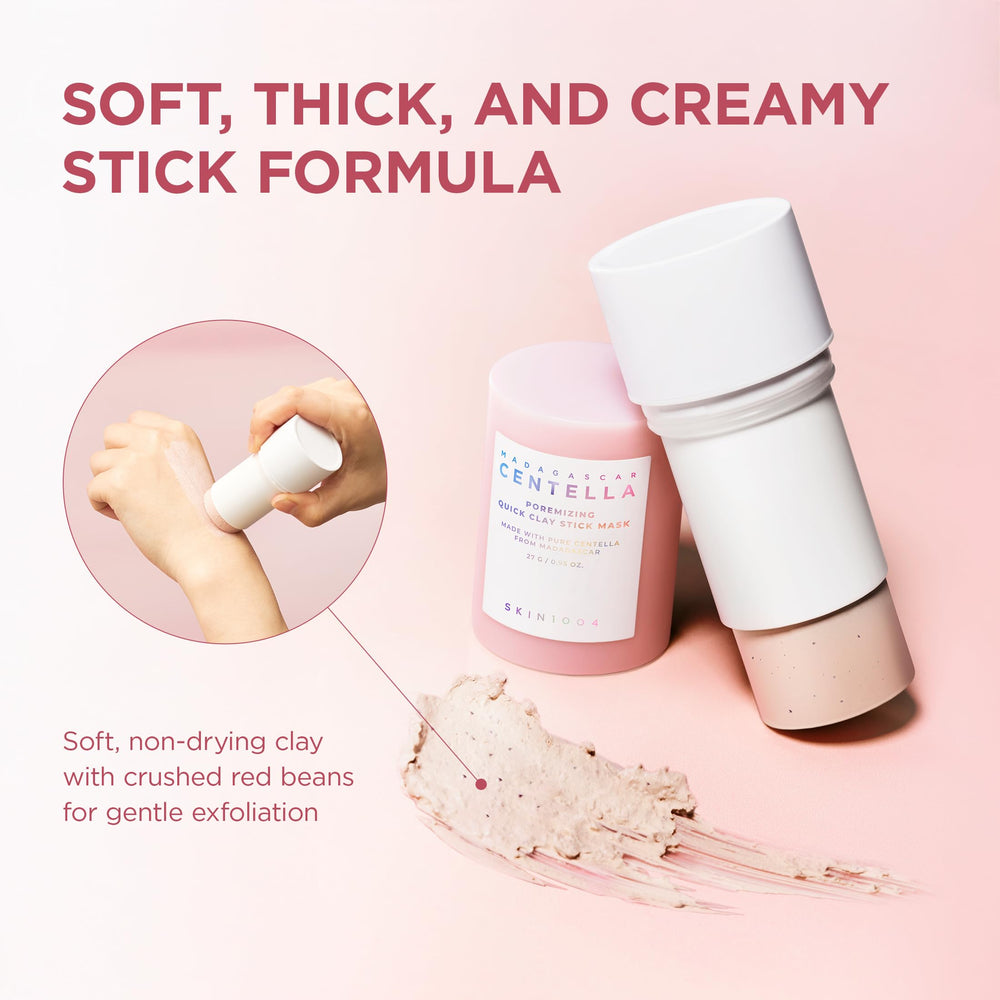 SKIN1004 Poremizing Quick Clay Stick Mask con polvo de frijol rojo para exfoliar suavemente.