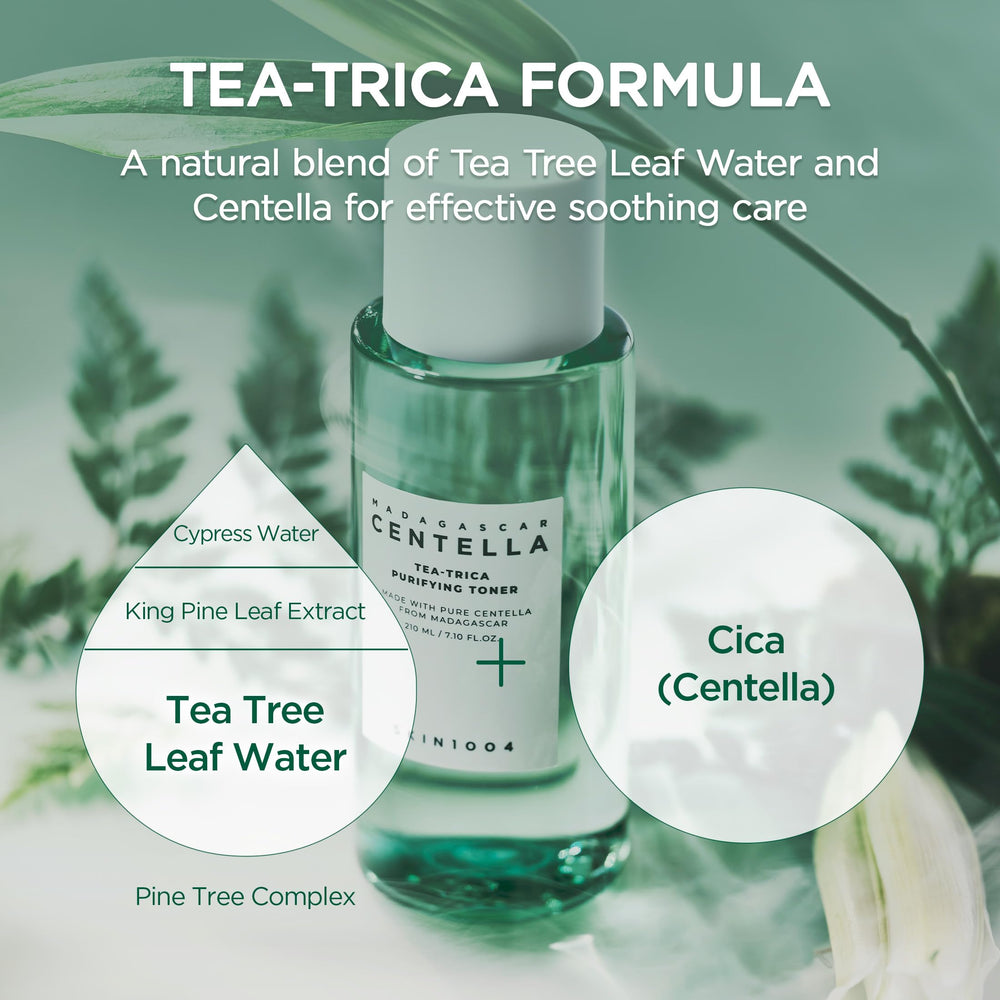 SKIN1004 Tea-Trica Purifying Toner, aplicación en palma, hidrata y equilibra la piel.