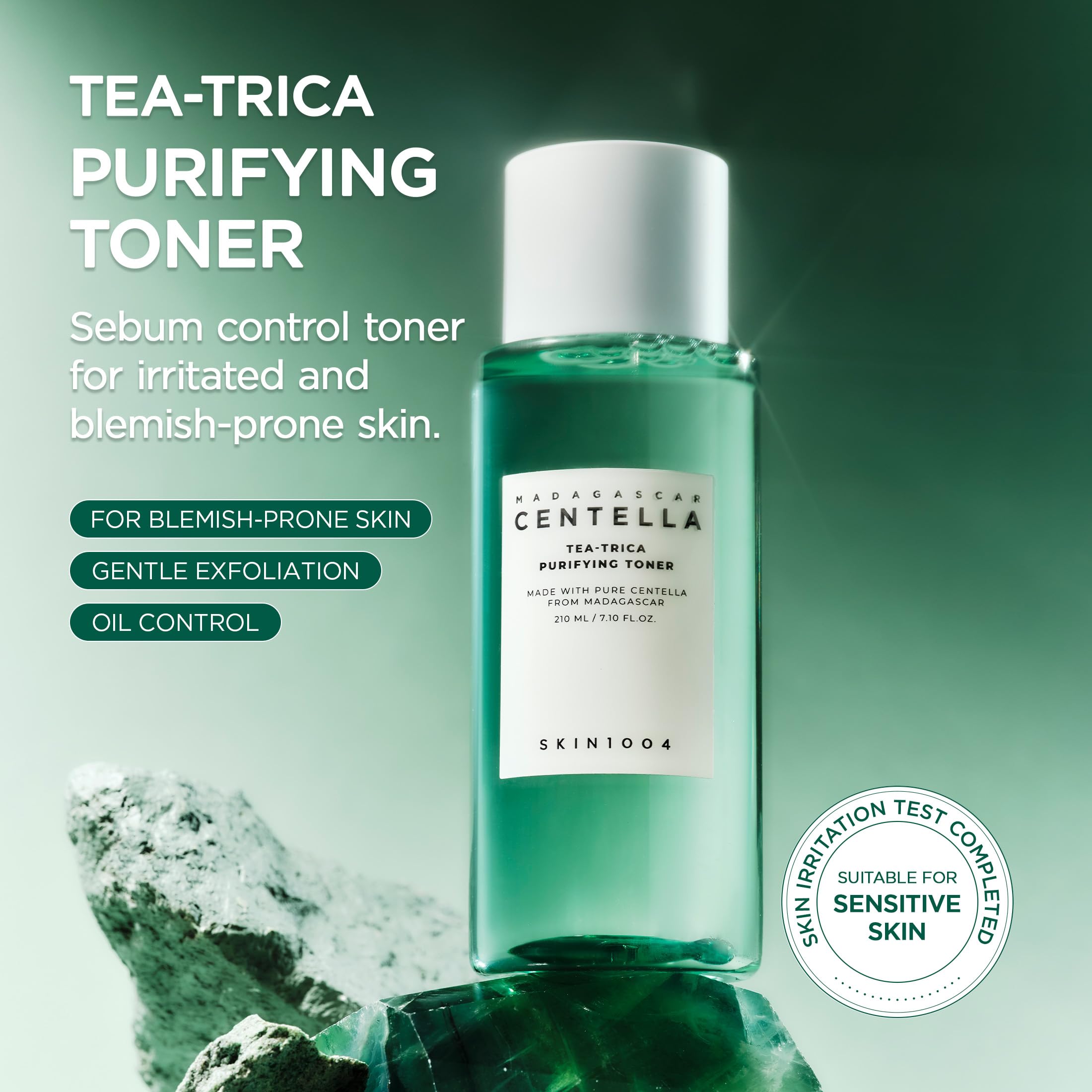 SKIN1004 Tea-Trica Purifying Toner, etiqueta del producto, transmite cuidado diario para la piel.