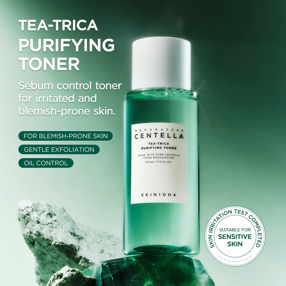 SKIN1004 Tea-Trica Purifying Toner, etiqueta del producto, transmite cuidado diario para la piel.