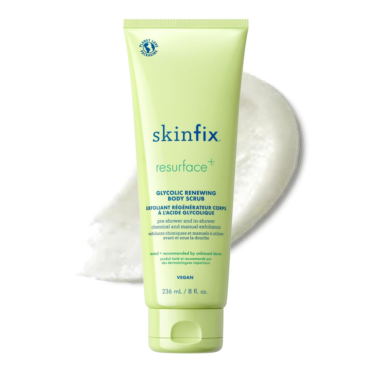 Skinfix Glycolic Renewing Scrub bottle close-up highlighting exfoliating action for smoother skin