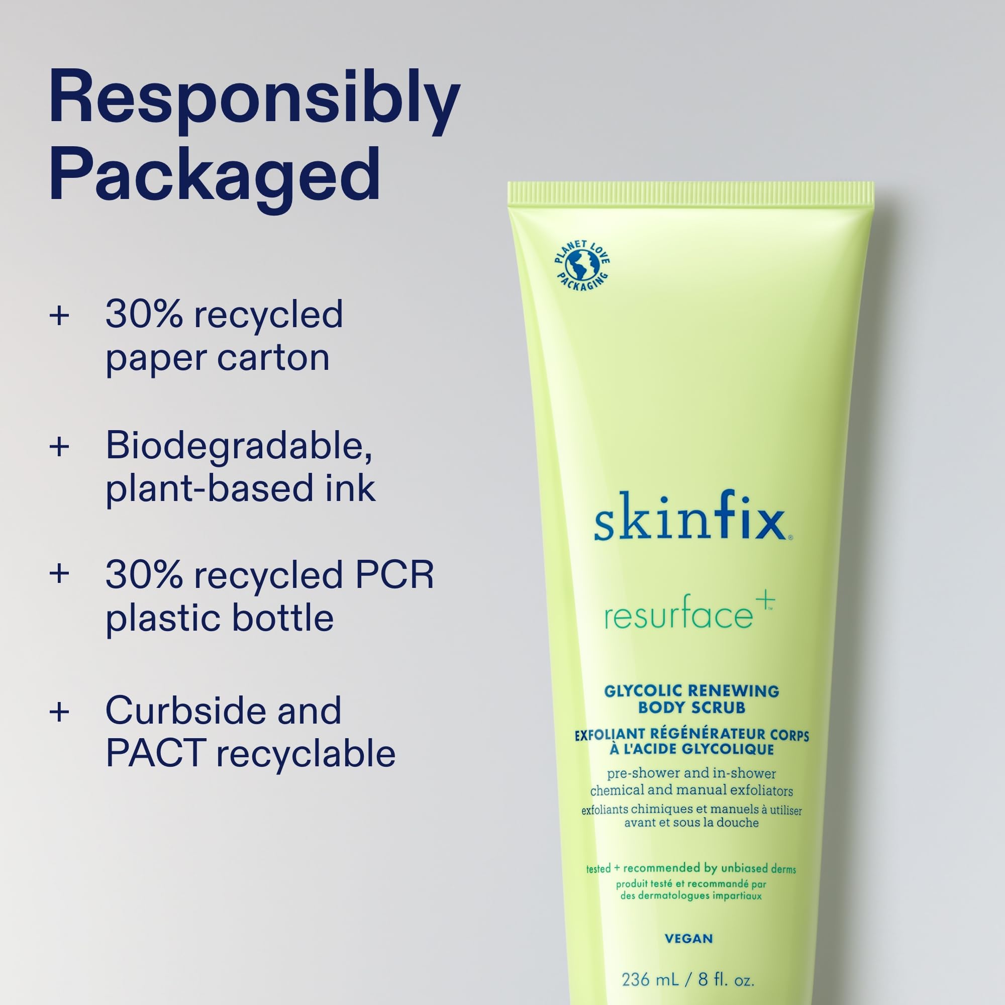 Skinfix Glycolic Renewing Scrub vegan cruelty-free badge on packaging