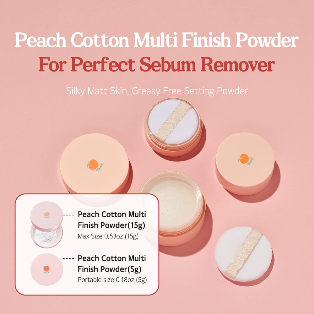 Application of SKINFOOD Peach Cotton Powder with a brush for seamless setting.