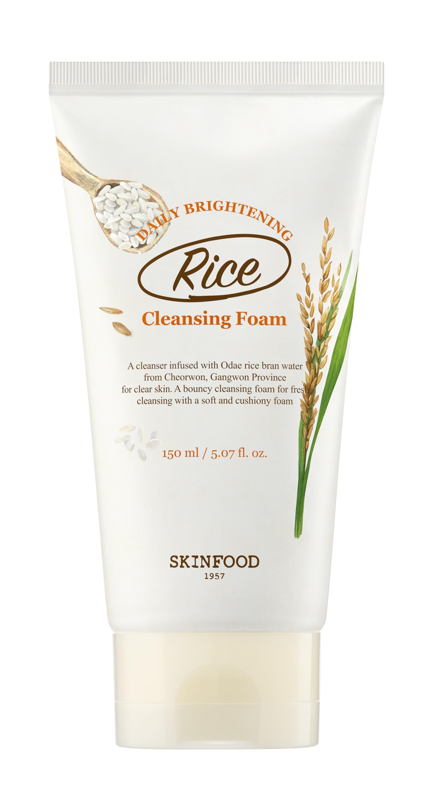 SKINFOOD 1957 Rice Daily Cleansing Foam bottle pours a gentle cleanse