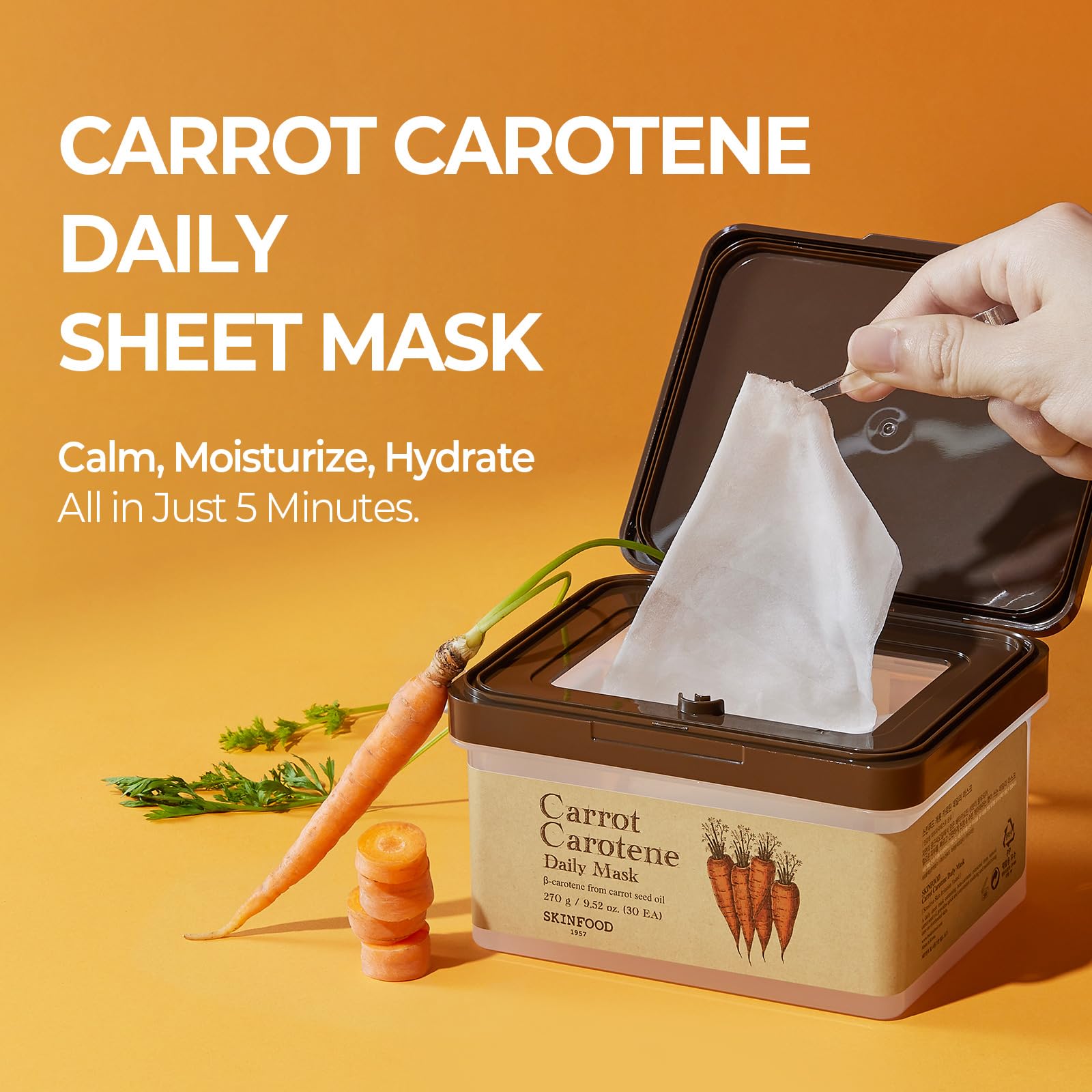 Skinfood Carrot Carotene Daily Mask on-face application for soothing hydration