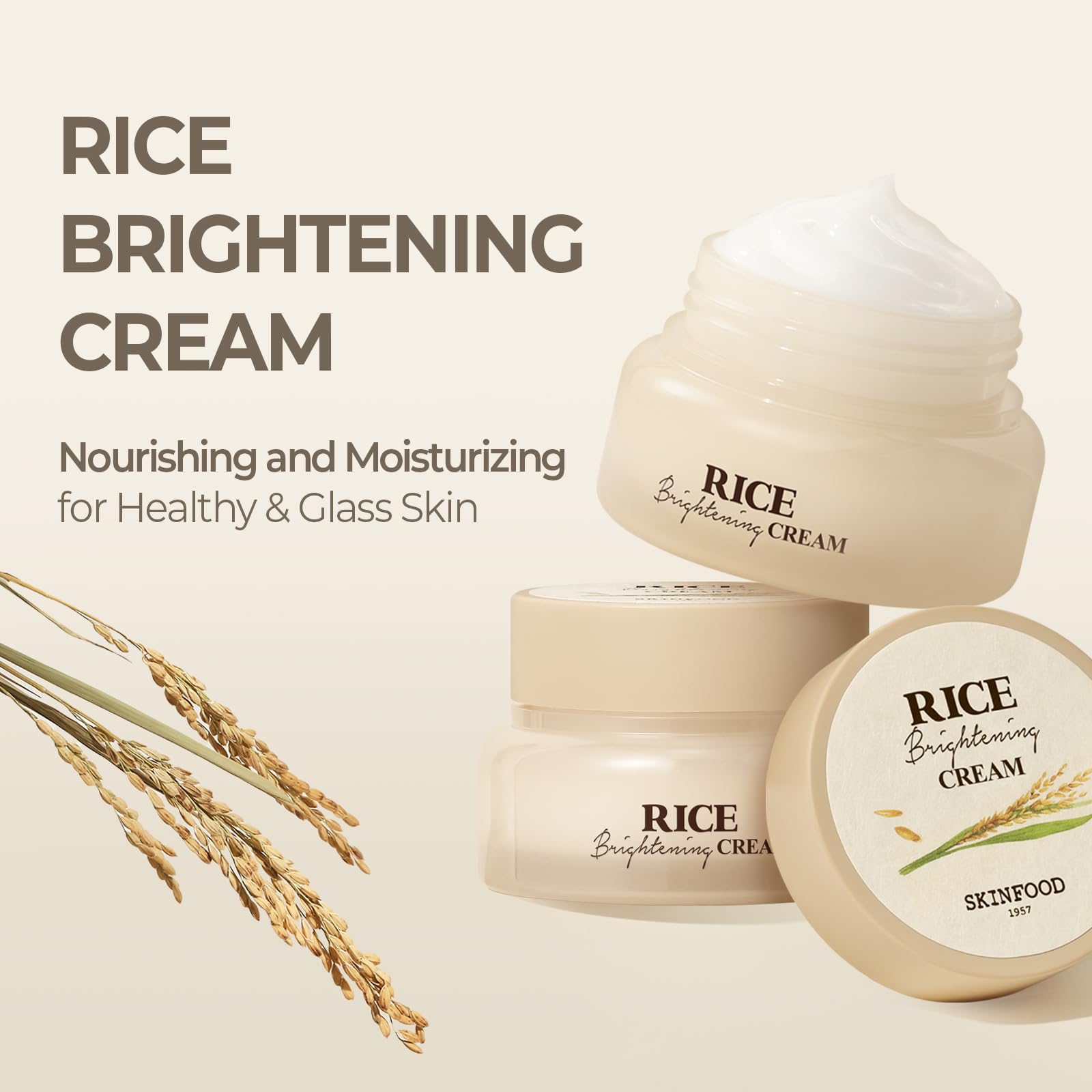 SKINFOOD Rice Brightening Cream con arroz fermentado para luminosidad.