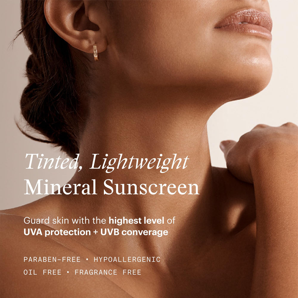 SkinMedica Essential Defense Mineral Shield SPF 32 tinted swatches illustrate natural shade options.