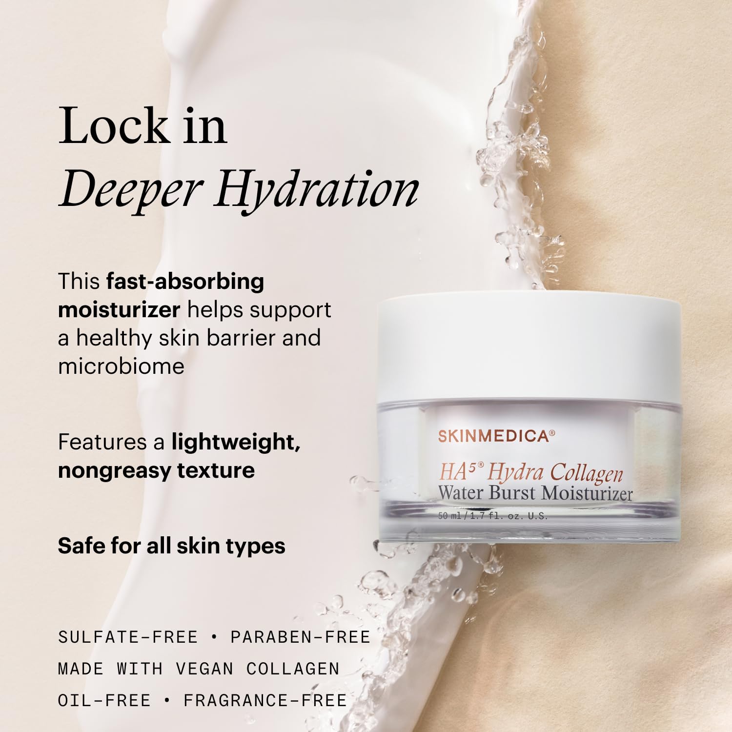 SkinMedica HA5 vegan collagen swatches highlight plant-based hydration benefits.