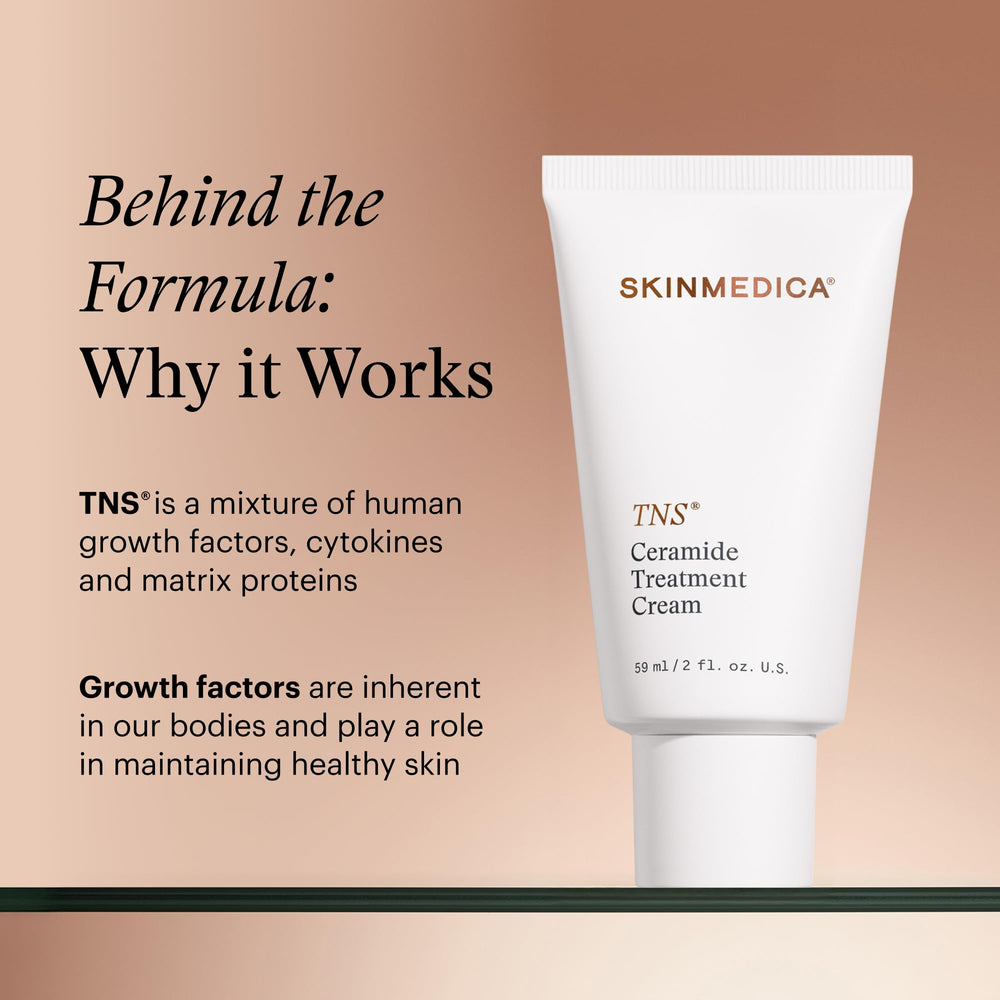 Ingredient label highlighting TNS and peptides in SkinMedica Ceramide Treatment Cream.