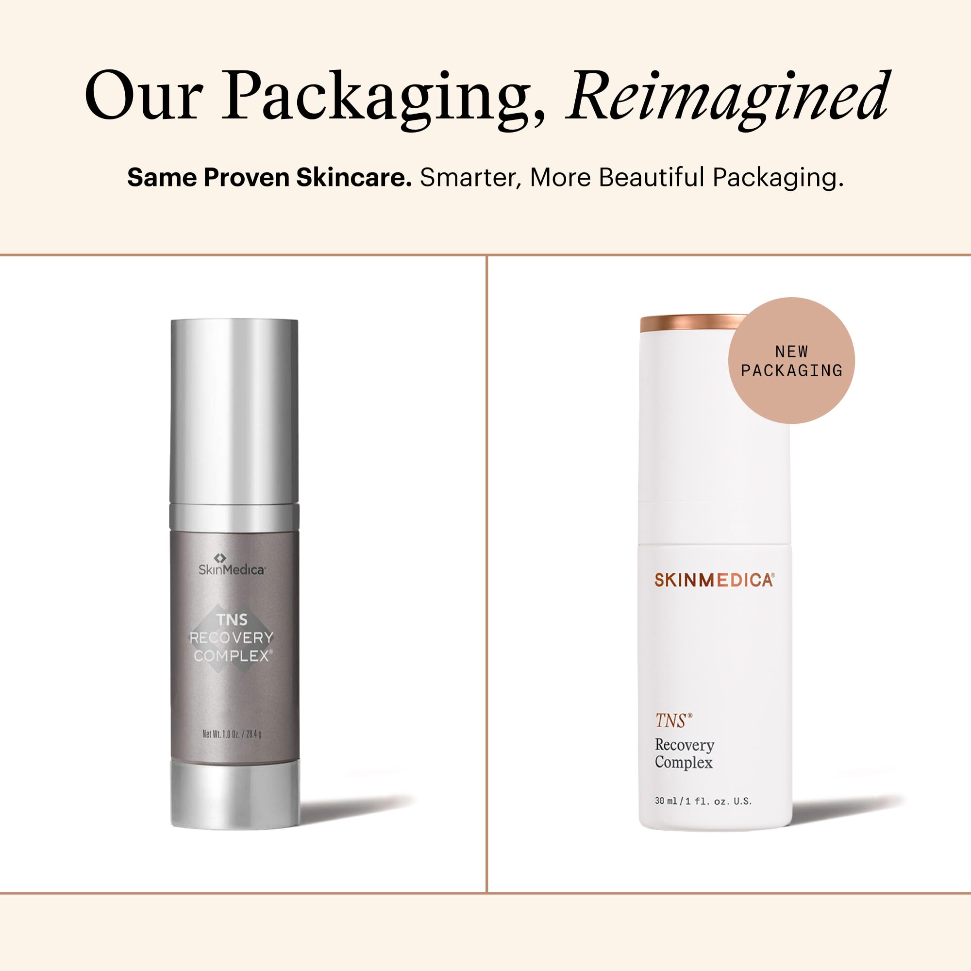 Closeup of SkinMedica TNS Recovery Complex bottle emphasizing exosome-rich formula