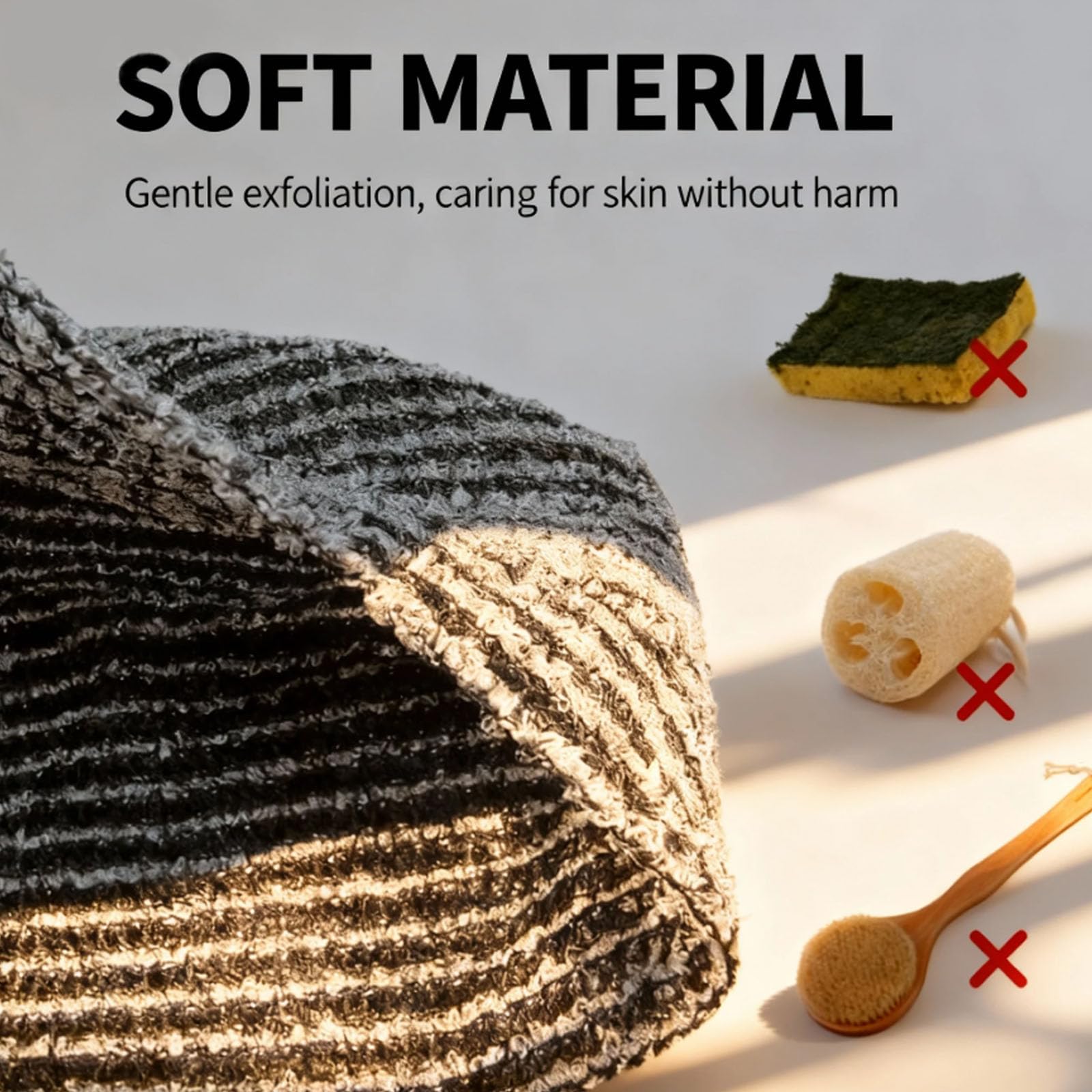 SkinMochi toalla exfoliante material sintético ligero se seca rápido y mantiene la higiene.