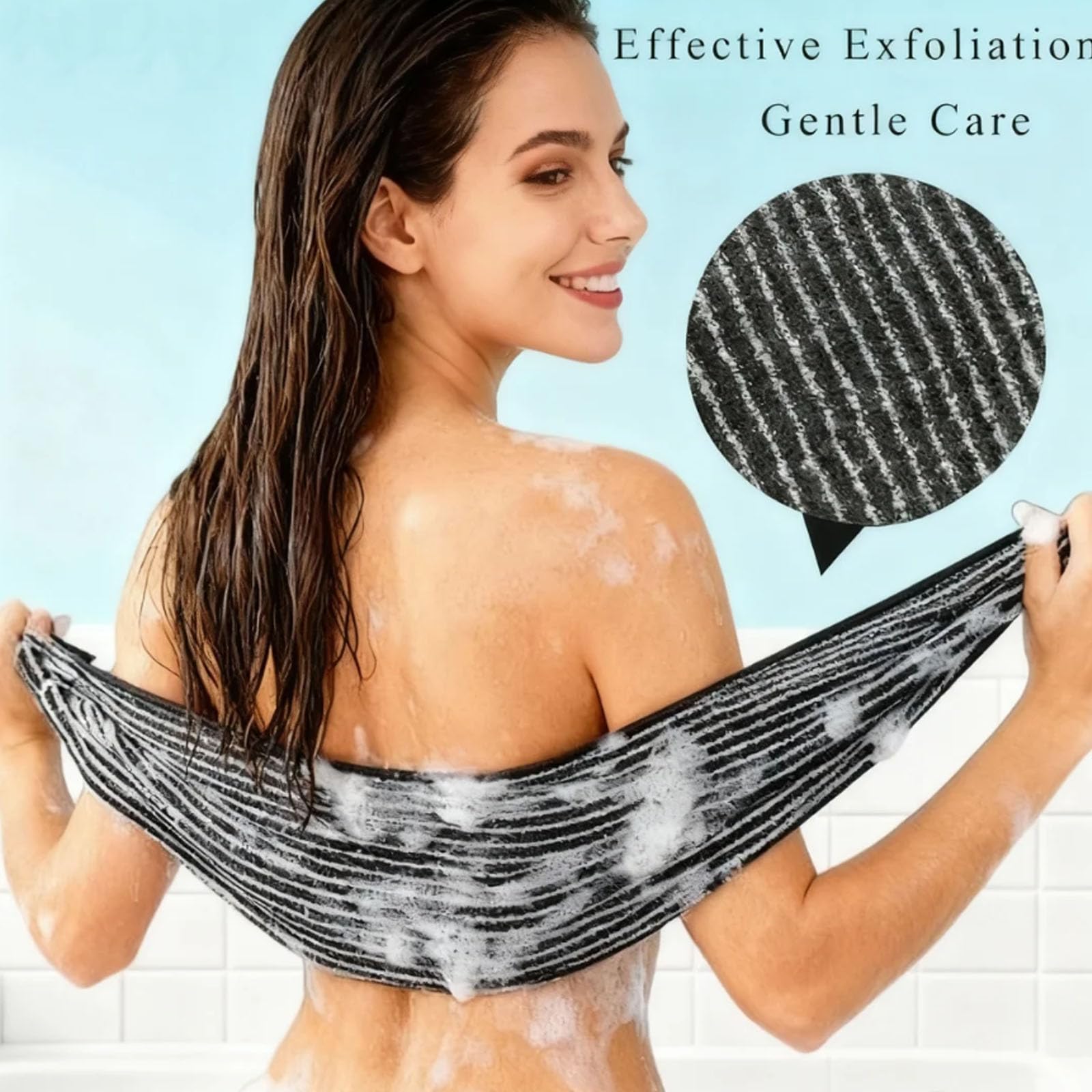 SkinMochi toalla exfoliante uso diario suave ideal para rutina de ducha diaria.