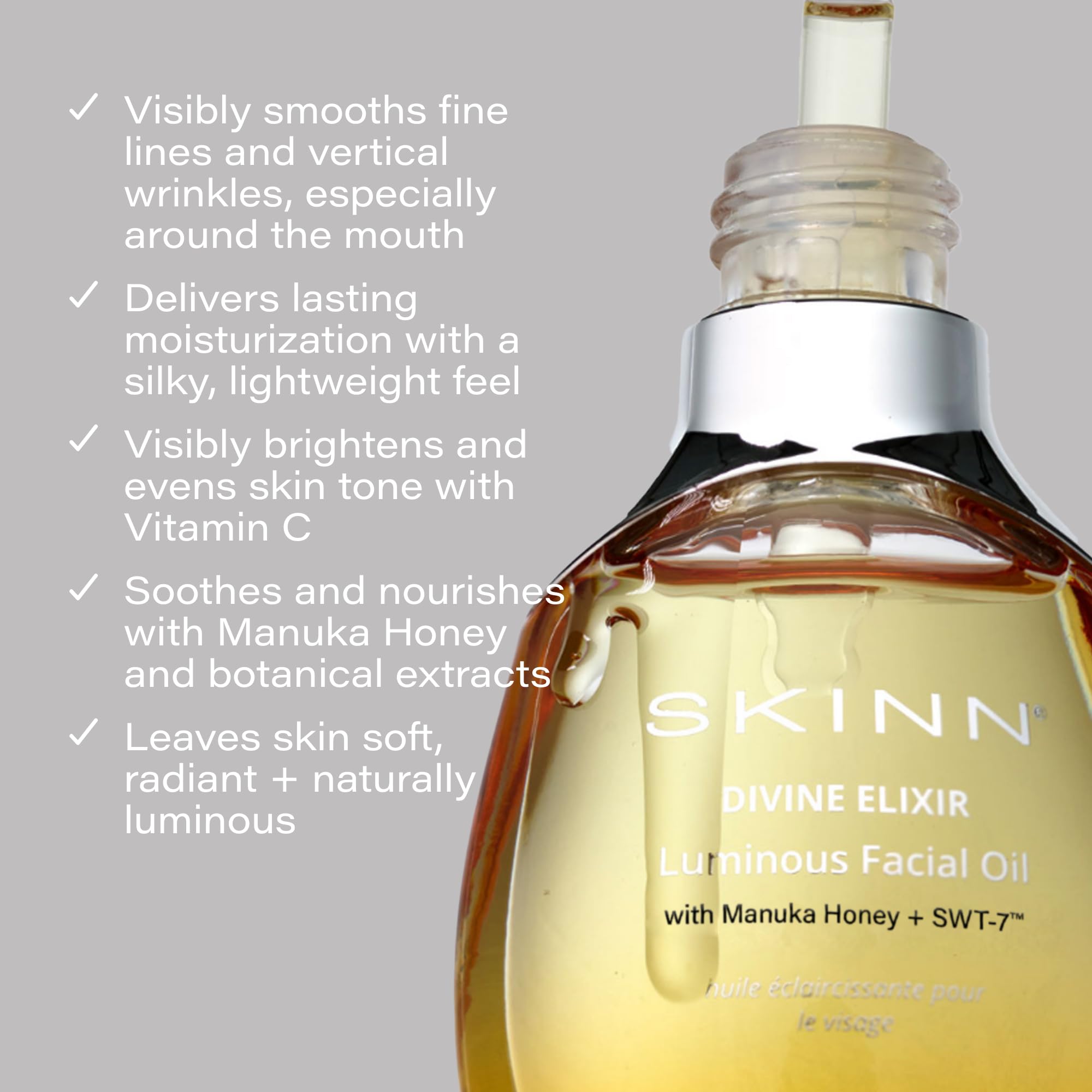 Texture of SKINN oil on skin delivering a dewy finish