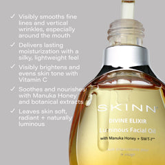 Texture of SKINN oil on skin delivering a dewy finish