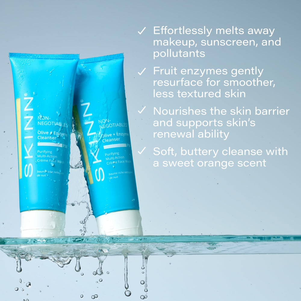 Olive oil elements in SKINN cleanser emphasizing hydration