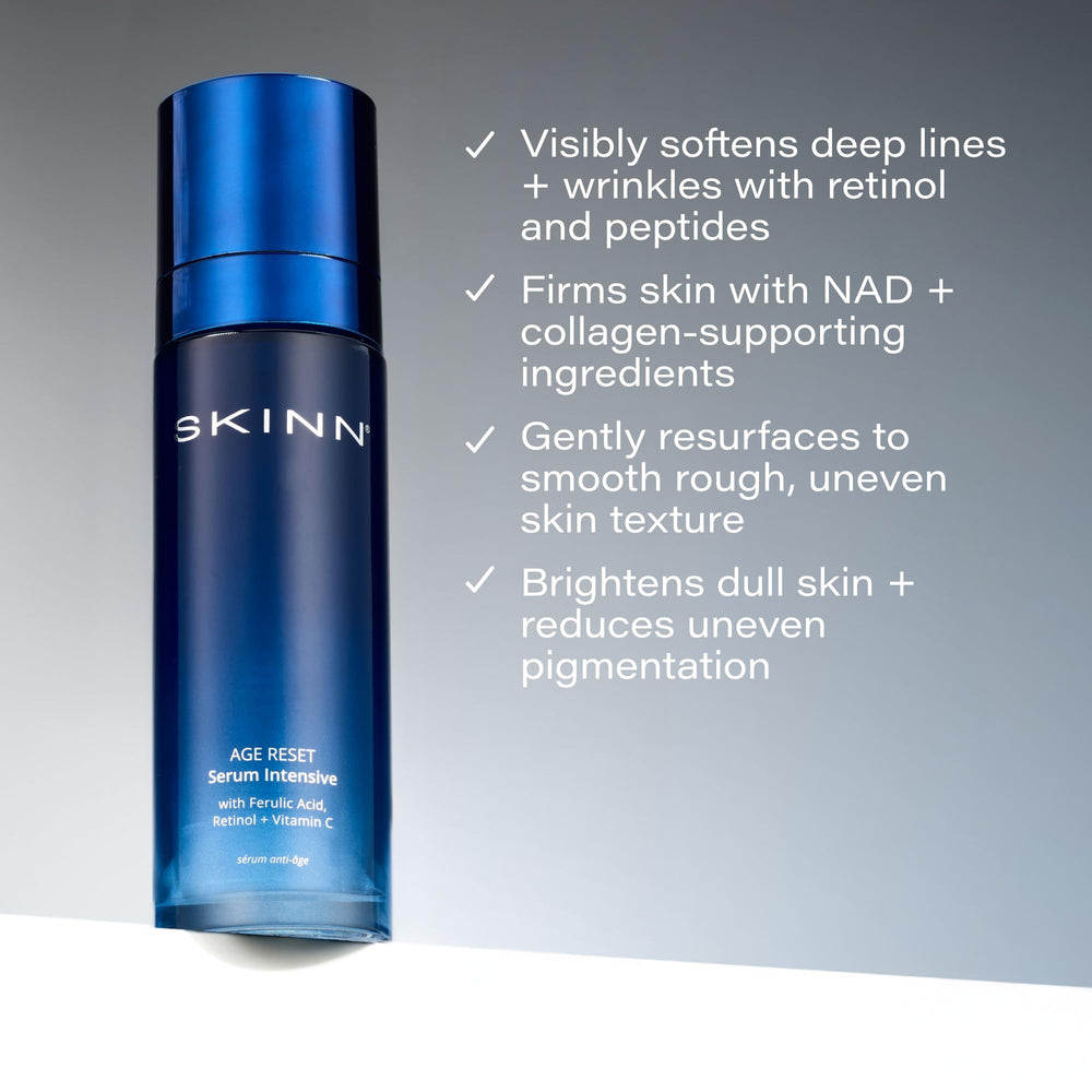 SKINN Deep Wrinkle Serum ingredient highlight with ferulic acid for antioxidant protection.