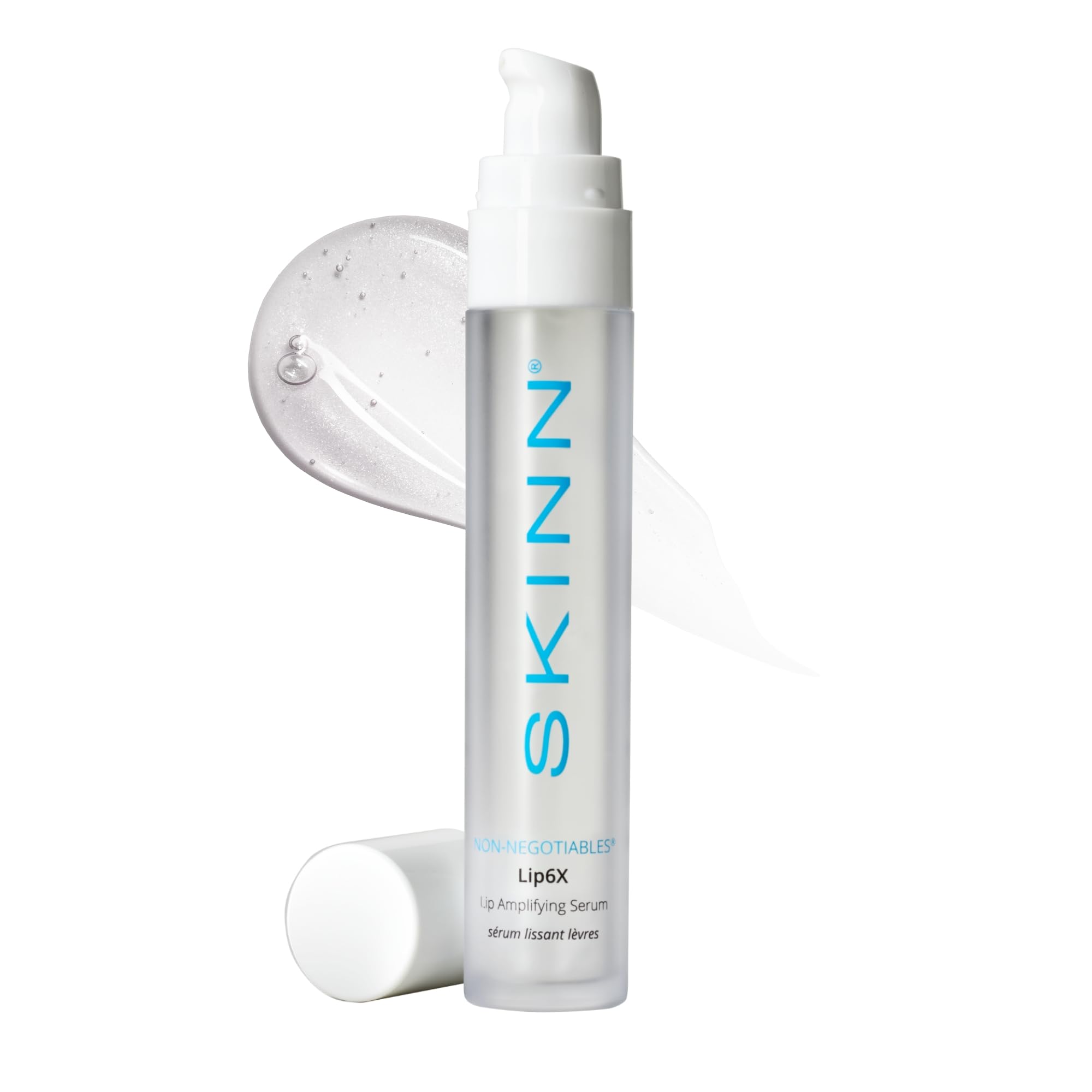 SKINN Lip6X bottle closeup highlighting sleek packaging and hydrating lip care benefits.