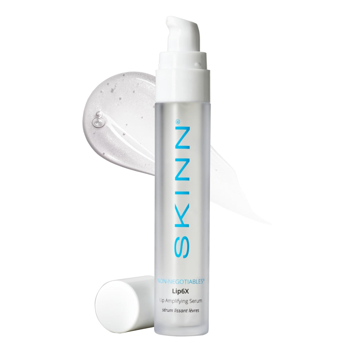 SKINN Lip6X bottle closeup highlighting sleek packaging and hydrating lip care benefits.