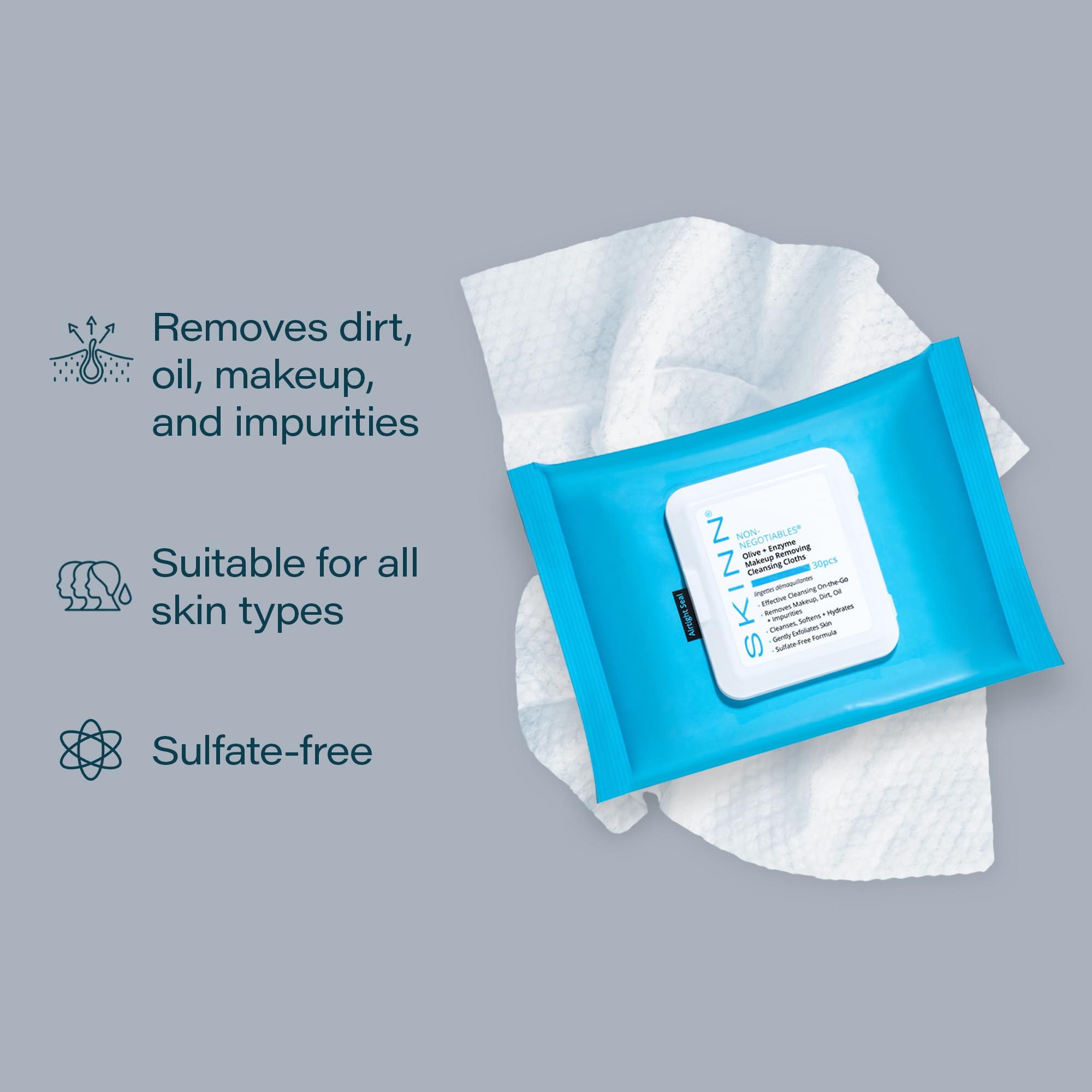 Textura suave de las toallitas SKINN para limpieza suave y exfoliación ligera.