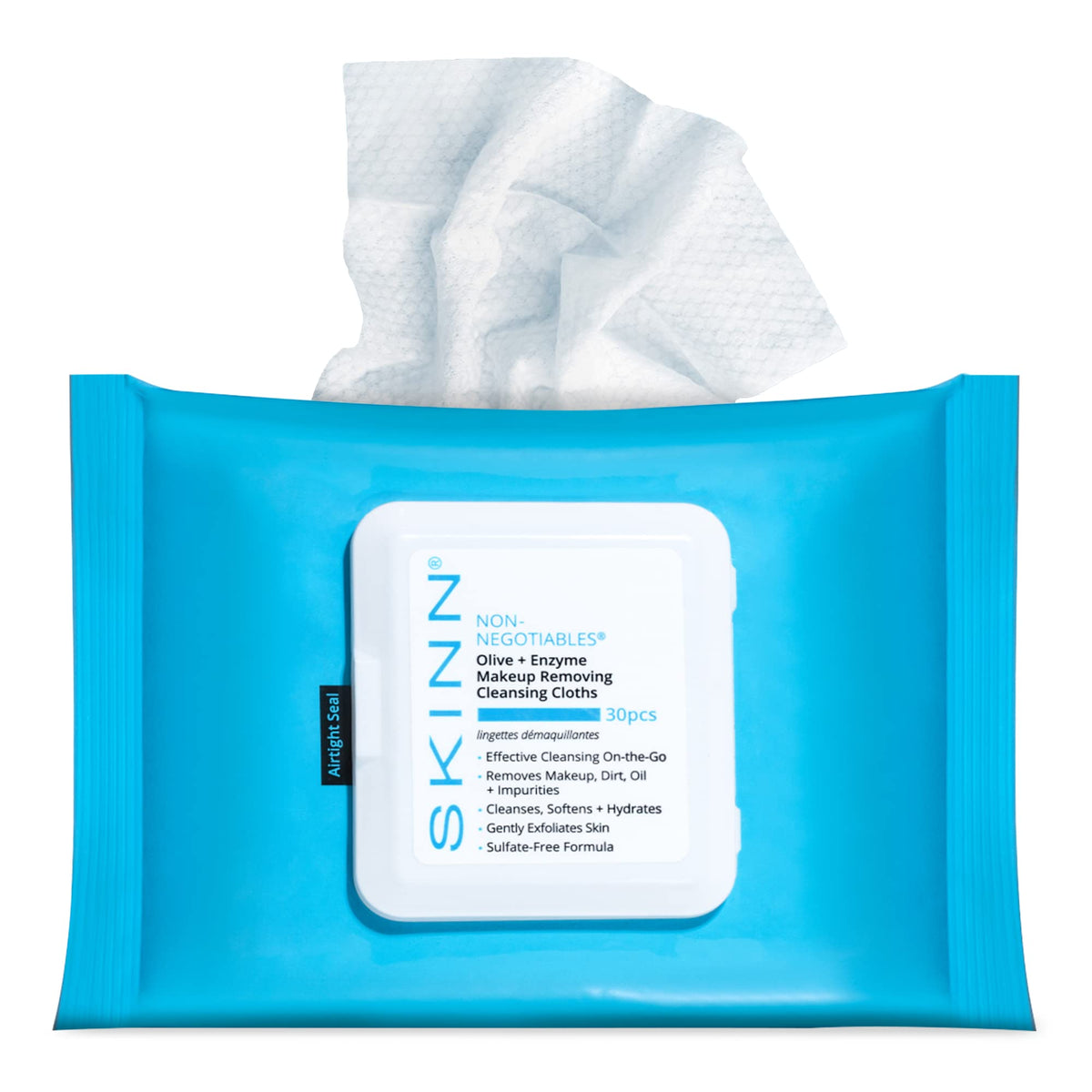 SKINN Toallitas Desmaquillantes Hidratantes con empaque sellado, ideal para uso diario.