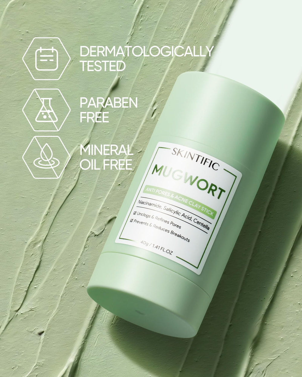 Mascarilla SKINTIFIC en barra de arcilla de artemisa, ideal para rutina semanal.