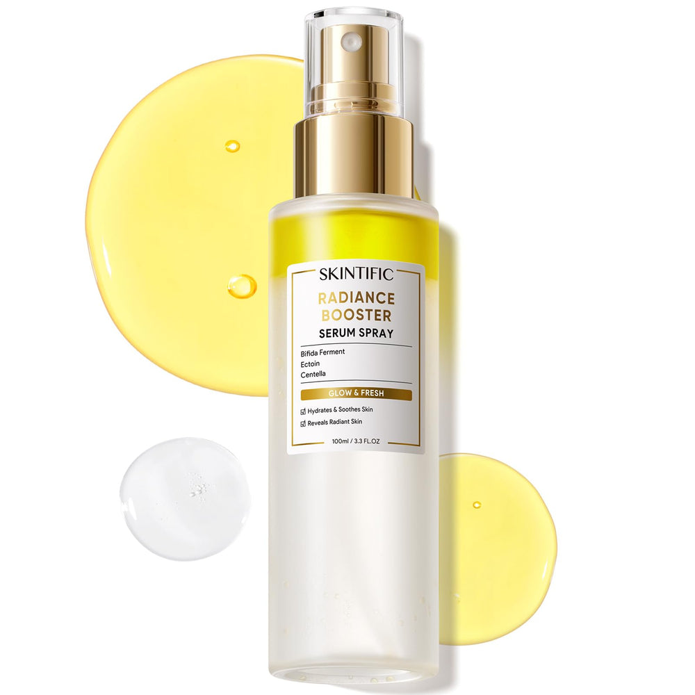 SKINTIFIC Radiance Booster Serum Spray en botella, aporta resplandor inmediato y hidratación suave.
