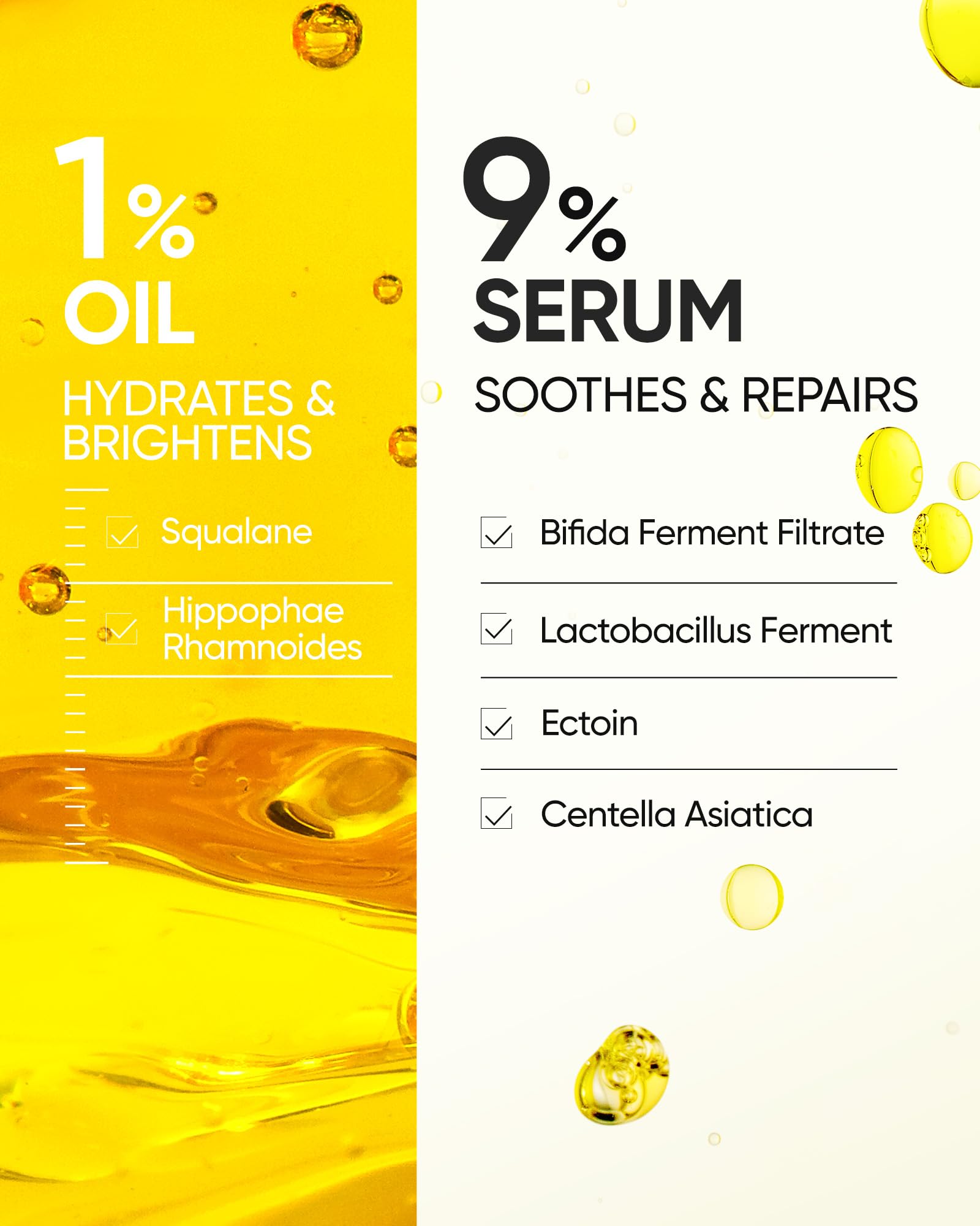 Aplicación de dos capas: suero acuoso y aceite ligero de SKINTIFIC para mayor luminosidad.