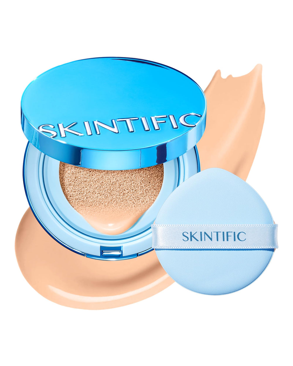 Aplicación de SKINTIFIC base en cojín Velvet Matte para cobertura uniforme y tono natural.