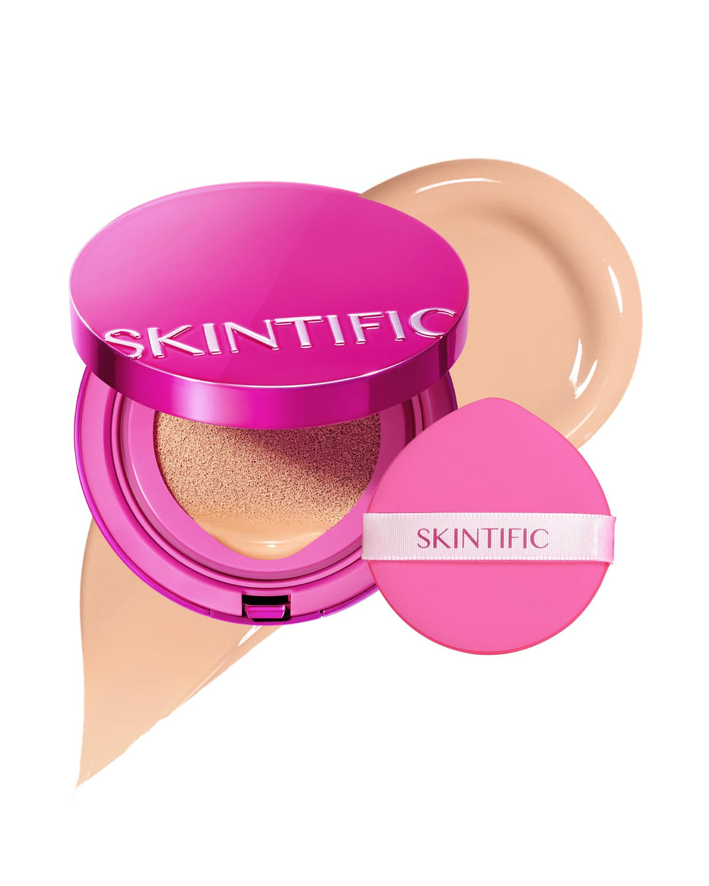 SKINTIFIC Pink Glow Cushion Foundation #03 Petal, compacto para retoques diarios y rápidos.