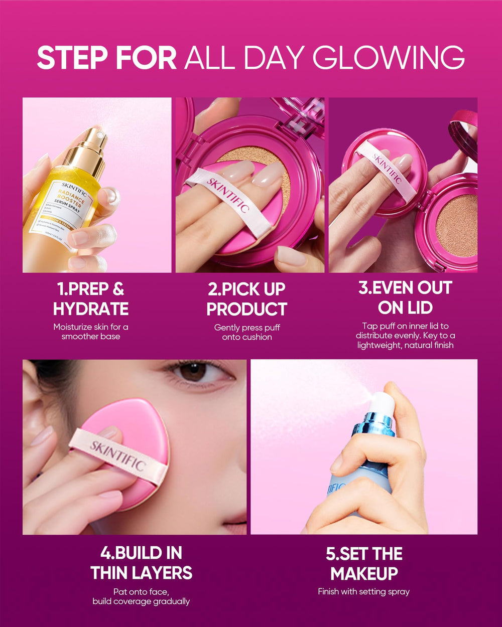 SKINTIFIC Pink Glow Cushion Foundation #03 Petal, ideal para rutina diaria de maquillaje con beneficios visibles.