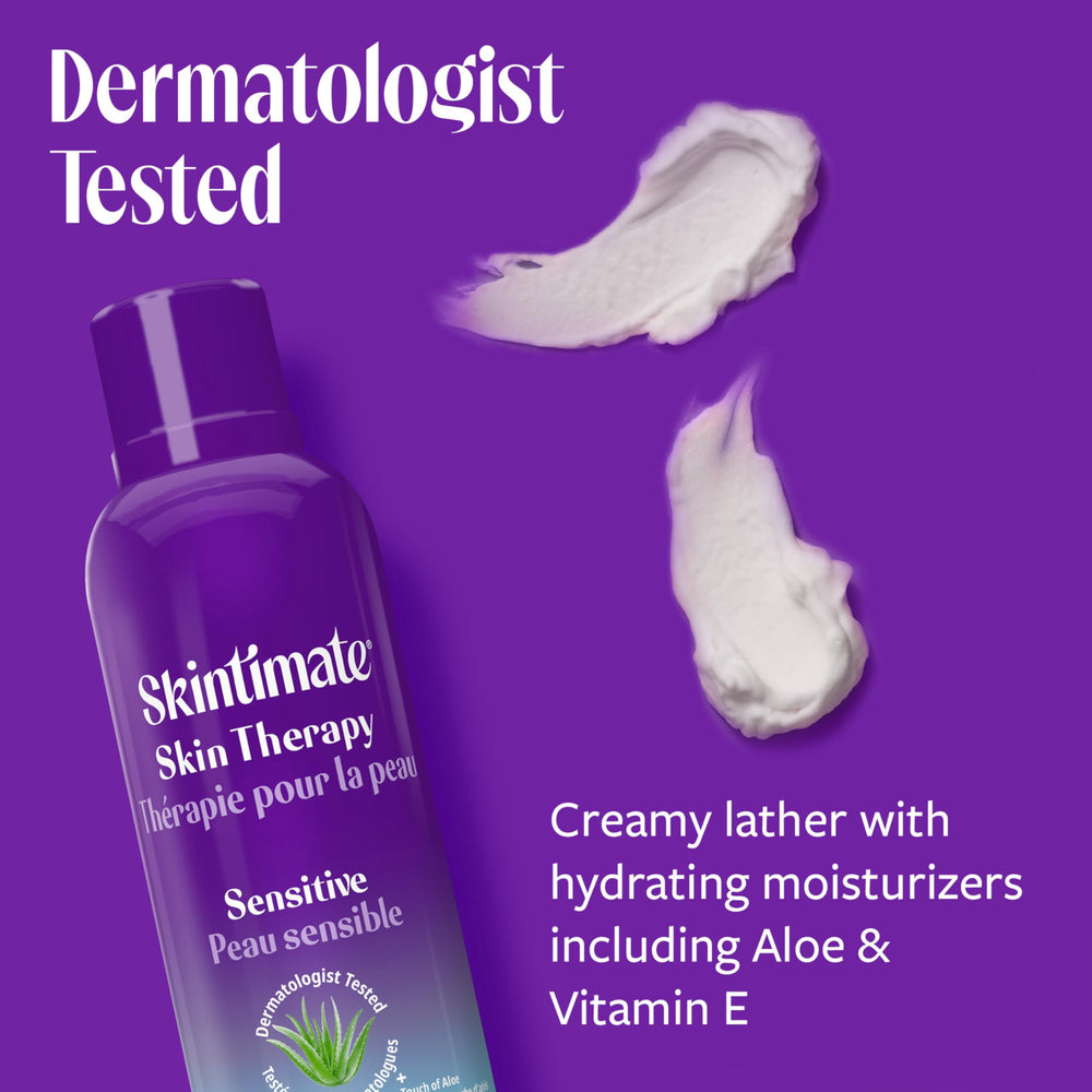 Skintimate Skin Therapy gel transitions to rich lather for smooth razor glide.